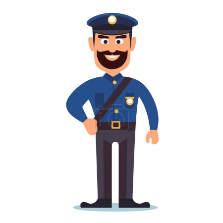 Friendly cartoon police officer smiling, standing confidently. Policeman uniform, badge visible, maintaining law order. Cheerful male cop character, representing safety, authority, protection