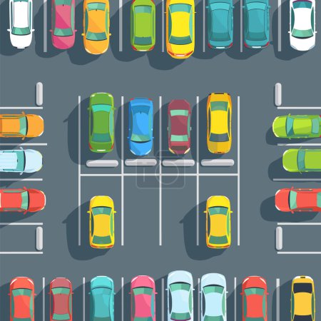 Top view parking lot full colorful cars parked neatly within lines urban setting. Plenty vehicles occupying space suggests city car park during busy hours. Flat design illustration vibrant colors