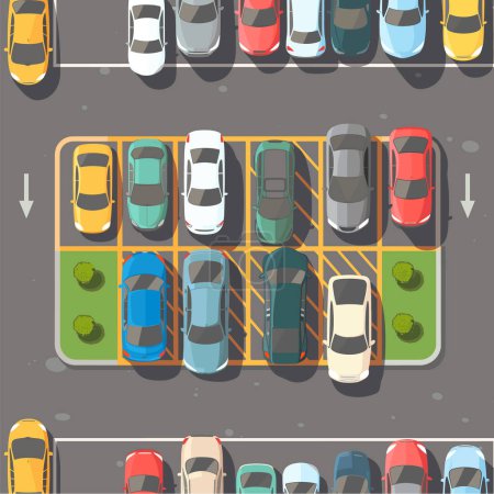 Topdown view colorful parked cars parking lot, outdoor parking spaces, driving lanes. Birdseye city illustration, vector cars rows, asphalt surface, greenery. Cartoonstyle vehicles image, traffic