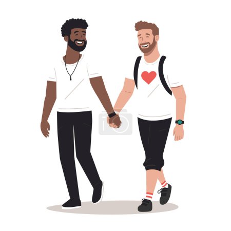 Ilustración de Dos hombres caminando de la mano, un afroamericano, un caucásico, mostrando un vínculo de amistad. Ambos hombres casualmente vestidos, sonriendo, disfrutando de compañía, exudando alegre, vibración positiva, diversa - Imagen libre de derechos