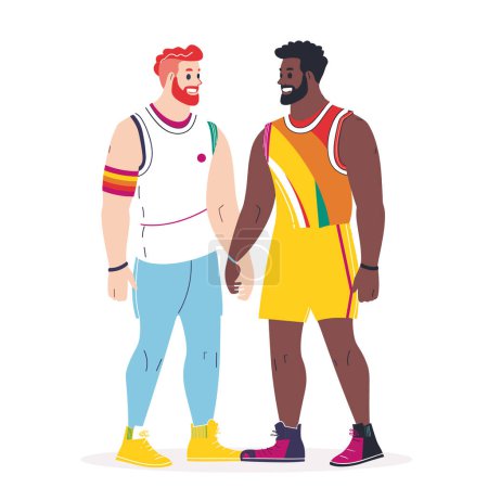 Two men happily interacting, diverse ethnicities, casually dressed, smiling, enjoying others company. Both wear sleeveless tops, one blue pants yellow shoes, shorts purple shoes. Illustration
