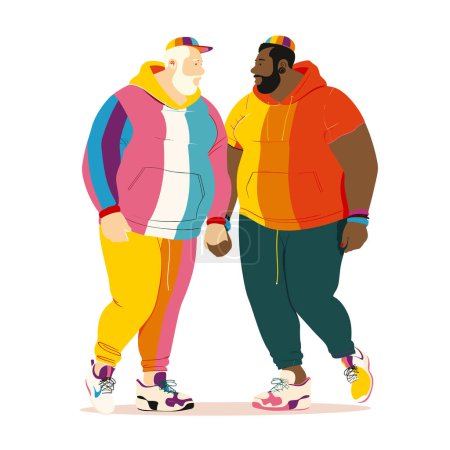 Illustration for Two men walking together, one Caucasian one African American, engaged conversation. Both men dressed colorful, casual attire representing urban street fashion, looking relaxed friendly. Diverse male - Royalty Free Image