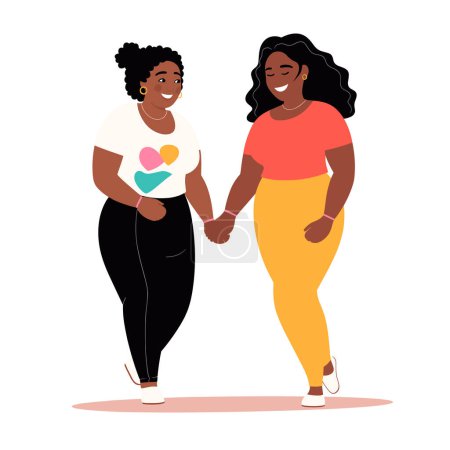 Two African American women walking hand hand, cheerful friendship bond, diverse body positivity. Smiling plussize female friends, casual attire, love heart tshirt, yellow pants. Happy diverse women