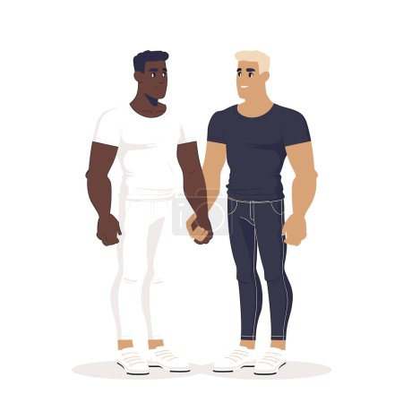 Two men holding hands, diverse interracial couple, male friendship unity. Young adults casual wear, smiling interracial gay couple, solidarity. Black white men together, relationship equality