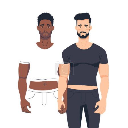 Dos hombres de pie con confianza, una barba caucásica, una etnia africana, ambos con atuendos casuales. Personajes masculinos modernos y diversos, diseño plano simple, atuendo de fitness, postura amigable
