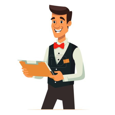 Waiter smiling holding menu ready take order. Young male server dressed formally vest bow tie pad orders. Cartoon character hospitality industry happy worker presenting menu