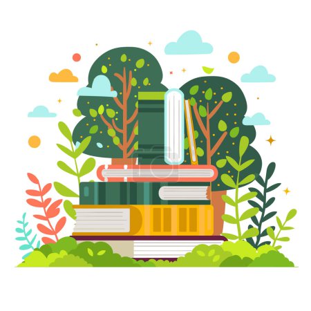 Gestapelte Bücher Natur Szene pädagogisches Konzept. Bunte Illustrationen, die Bücher umgeben von Bäumen, Pflanzen, Wolken, Bildungsthemen Kunstwerk, eingebettet in üppiges Grün, das Lernen symbolisiert