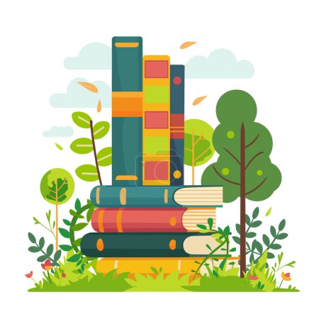 Stack colorful books outdoors nature setting trees grass educational reading concept. Brightly colored spines pages outdoor learning environment study amidst greenery. Literature amidst foliage