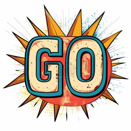 Comic book style word GO explosion background. Bold lettering suggests movement, action, starting. Bright colors pop art, dynamic effect isolated white background