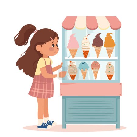Chica joven considerando opciones carrito de helado mostrar varios sabores. Emoción infantil seleccionando el día de verano del postre, estilo de dibujos animados, humor alegre, ilustración colorida. Soporte de helado diverso