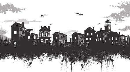 Silhouetted haunted village, spooky houses, abandoned buildings, reflecting water. Dark horror scene, flying bats, ominous clouds, mysterious atmosphere, Halloween theme. Gothic architecture, grungy