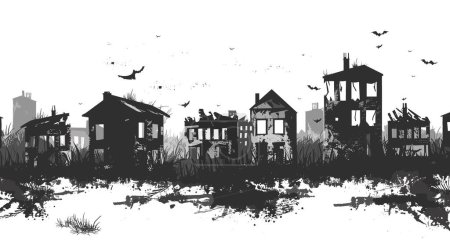 Black white illustration depicting desolate urban landscape, ruined buildings, destruction aftermath, desolation. Monochrome artwork postapocalyptic city, abandoned houses, birds flying over decay