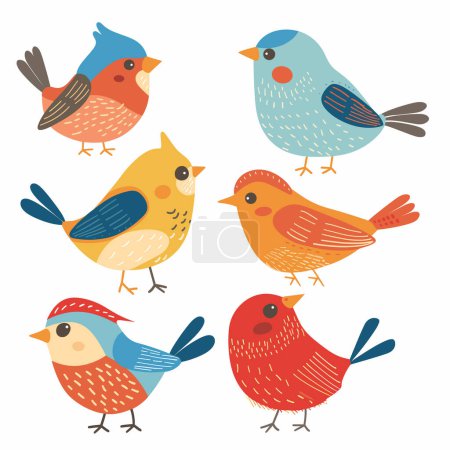 Seis pájaros estilizados que exhiben patrones de colores variados. Los pájaros de dibujos animados presentan plumaje único rojo, azul, naranja, tonos amarillos, aparecen alegres caprichosas, ilustraciones perfectas de libros para niños
