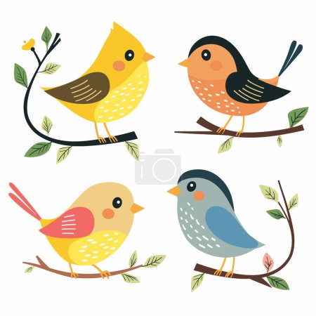 Vier Zeichentrickvögel hockten Äste Blätter. Bunte Vogelillustrationen gegen weißes, perfektes Kinderbuch. Vögel gelb, orange, rot, blaue Farbtöne niedlich dargestellt