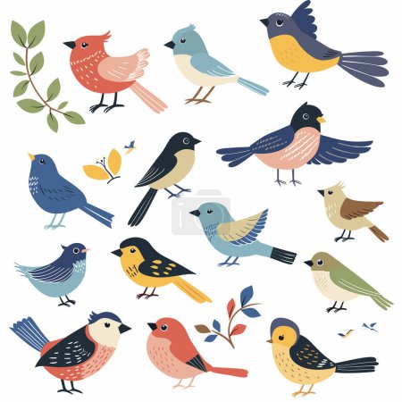Illustration for Assortment colorful cartoon birds various species foliage. Collection cute flat style songbirds perched flying leaves branches. Vibrant bird characters nature wildlife theme flora fauna - Royalty Free Image