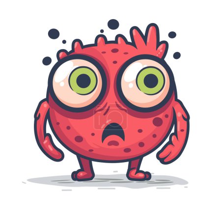 Red cartoon monster looking surprised alarmed, standing upright, large green eyes, worried expression. Cute mythical creature, red body, spots, two arms, two legs, looking confused, shadow beneath