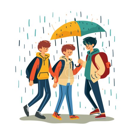 Illustration for Three friends sharing umbrella during rain walk together smiling. Young teens casual attire walk under one umbrella amidst downpour. Cheerful group protected rain colorful umbrella - Royalty Free Image