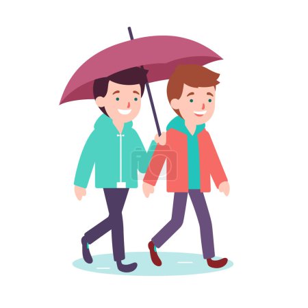 Two animated characters walking under purple umbrella, smiling friends sharing umbrella during rainy weather. Male friends strolling together, one holding umbrella, cartoon representation friendship
