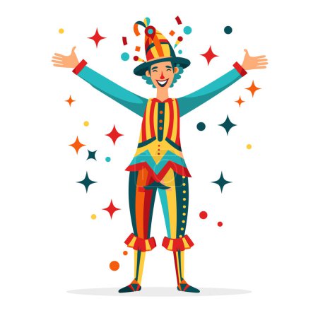 Illustration for Joyful cartoon clown welcoming audience circus show. Festive clown colorful costume celebrating open arms, confetti stars around, cartoon style. Happy performer standing isolated white background - Royalty Free Image