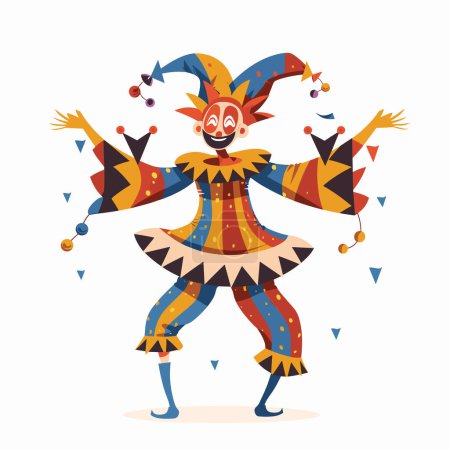 Téléchargez les photos : Bouffon dansant joyeusement, costume coloré, arlequin exécutant carnaval, amuseur. Joyeux jonglage de clown, tenue lumineuse, illustration de caractère festive, thème de cirque. Bouffon de bande dessinée joyeux - en image libre de droit