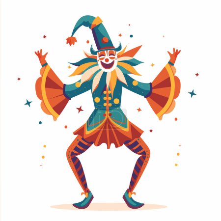 Colorido bufón bailando alegremente, traje festivo, animador realizar carnaval. Máscara arlequín vibrante, sombrero puntiagudo, campanas, celebración alegre. Ilustración carácter festivo, actuación, alegre