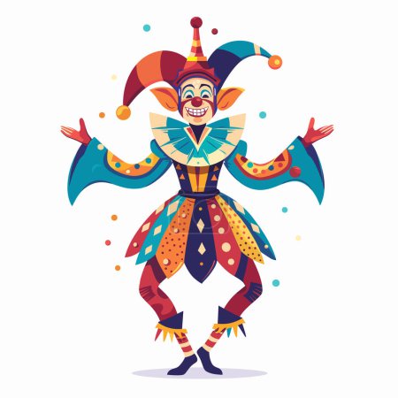 Colorful jester character joyfully spreading arms during performance, medieval entertainer cartoon style. Happy jester wearing multicolored costume, pointed hat, performing carnival, festival