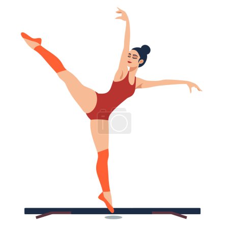 Turnerin mit Balancierbalken-Routine, in rotem Trikot mit Beinstulpen. Turnerin zeigt bei Balkenübung Flexibilität. Gleichgewichtsleistung Frauenturnen Wettkampfkleidung