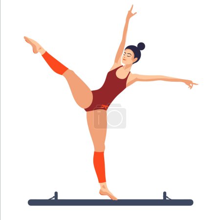 Female gymnast performing artistic pose balance beam, elegant sport performance. Young woman athlete bodysuit leg warmers, gymnastics vector illustration. Energetic gymnastics routine display
