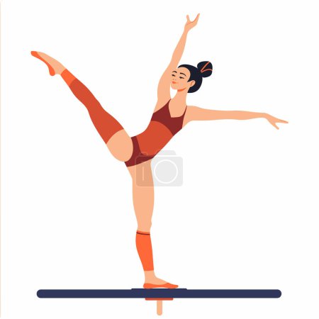 Female gymnast performing balance beam routine, young athlete showing flexibility strength. Woman gymnastics leotard executing artistic gymnastics pose, skilled gymnast training. Sportswoman