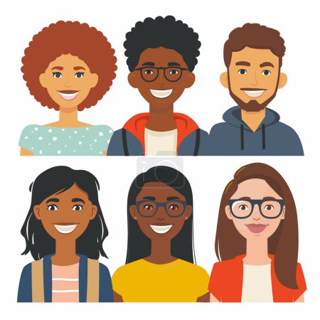 Young diverse group people smiling faces portrait. Multiracial friends, male female characters cartoon vector illustration. Happy ethnic group, office team, university students diversity inclusion