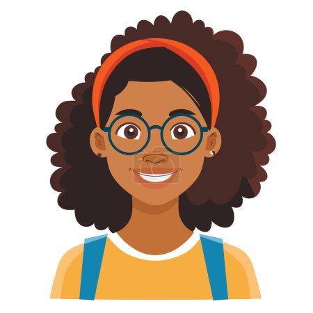 Téléchargez les photos : Jeune fille afro-américaine souriante, portant des lunettes bandeau orange. Portrait d'étudiant joyeux, vêtements décontractés, thème de l'éducation. Image de style graphique enfant heureux, représentation diversifiée des personnages - en image libre de droit