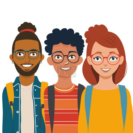 Three young diverse students smiling, standing together, friendly. African, Caucasian, mixed ethnicity depicted, casual attire, backpacks, glasses, joy, unity. Students friendship, diverse group