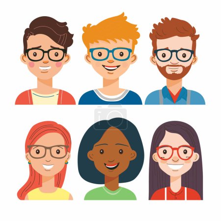 Diverse group cartoon characters, three men, three women, smiling facial expressions. Characters include various ethnicities, glasses, different hairstyles, casual attire. Flat design style