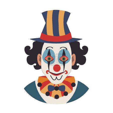 Téléchargez les photos : Visage de clown de bande dessinée coiffé d'un chapeau haut de forme, col à volants coloré. Chapeau bleu maquillage de clown heureux, nez rouge. Artiste de cirque sourire, fond blanc isolé - en image libre de droit