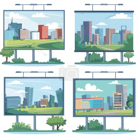 Four vector illustrations cityscape billboards urban settings. Billboards display different city views blue sky clouds. Cartoon style graphics skyline modern architecture trees billboards