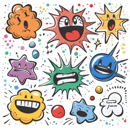 Comic style expressions speech bubbles colorful set, cartoon exclamations vibrant splash. Handdrawn stars, bursts cloud shapes expressing emotions, fun graphic elements. Animated illustrations