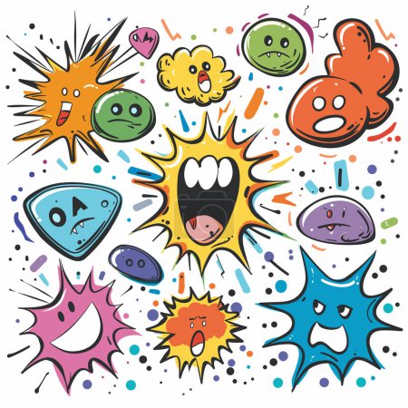 Illustration for Colorful comic book speech bubbles design vector illustration. Various speech bubbles different emotions artwork. Cartoon comic splashes vibrant colors - Royalty Free Image