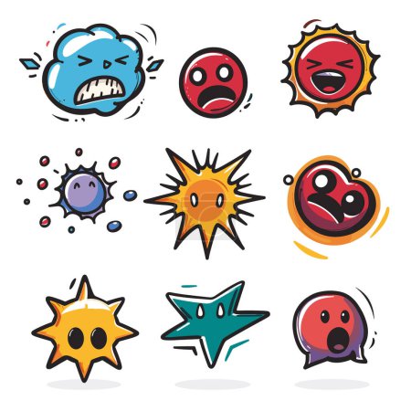 Collection colorful comic speech bubbles expressing different emotions. Cartoon dialog balloons feature various expressions, shapes, colors, bubble has unique facial expression representing emotions