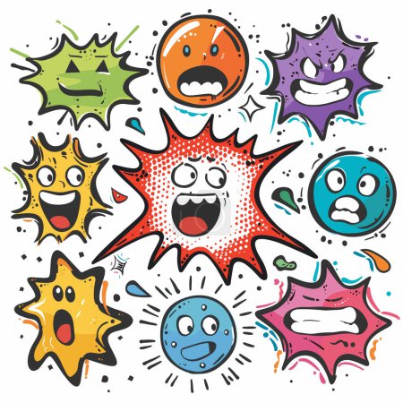 Collection colorful cartoon expression bubbles, various emotions represented through comic book style faces. Expressive bubbles depicting shock, happiness, anger, fear, sadness, suitable emotional
