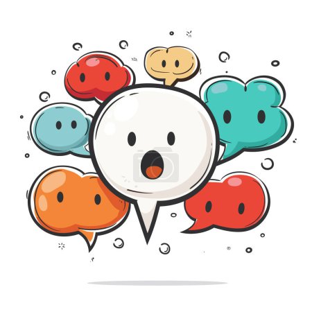 Multicolored speech bubbles cartoon design, variety communication. Speech bubbles featuring various facial message, chat, cartoon style