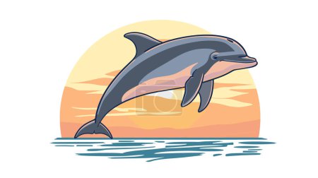 Delfín saltando del océano contra la puesta del sol, la vida marina, el salto juguetón de mamíferos acuáticos, el paisaje marino tropical, el telón de fondo oceánico. Delfín de dibujos animados rompe alegremente la superficie del mar, colores vibrantes del atardecer