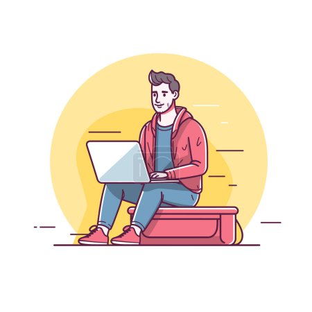 Young male illustrated character sitting casually working laptop, digital nomad lifestyle concept. Stylish freelancer using computer, portable office setup outdoors. Vector character happy, engaging