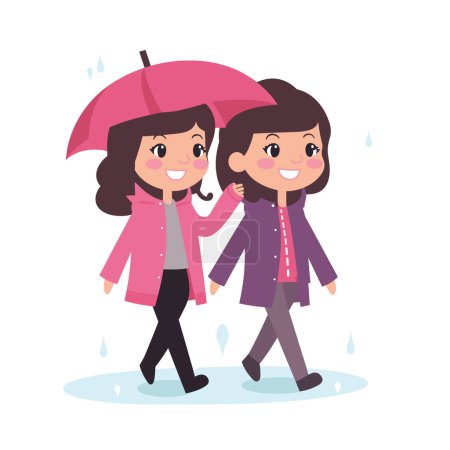Two young girls smiling walking under rain protection umbrella together. Cheerful children friends wearing coats, sharing umbrella during rainy weather. Happy female cartoon kids, casual wear