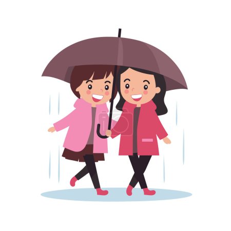 Ilustración de Dos chicas caminando bajo un paraguas sonriendo durante la lluvia. Los niños que comparten paraguas permanecen secos, con abrigos botas, expresiones faciales felices. Jóvenes amigos disfrutando del tiempo lluvioso juntos, charco - Imagen libre de derechos