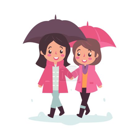 Illustration for Two girls walking under umbrellas, smiling faces, rainy weather gear. Young children enjoying rainy day, cartoon characters, colorful clothing. Friends sharing umbrella, rain boots, playful mood - Royalty Free Image