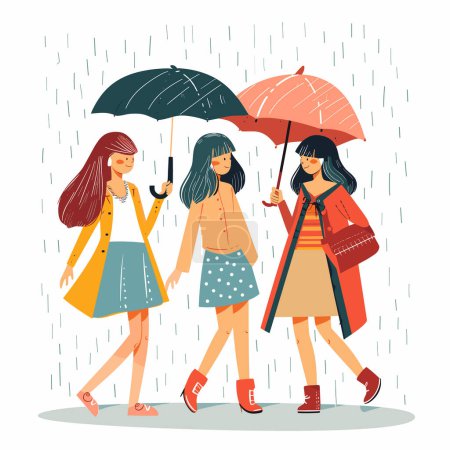 Three women walking under umbrellas during rain shower, wearing coats, displaying casual fashion. Female friends stroll together despite wet weather, showcasing diverse umbrella colors, autumn