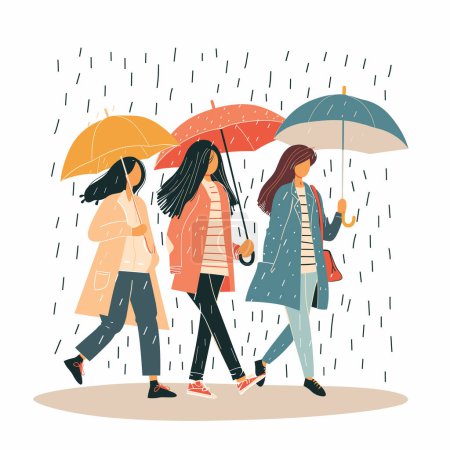 Tres mujeres caminando bajo paraguas durante la lluvia. Diversas mujeres caminan juntas ropa casual en medio del aguacero, mostrando unidad amistad inclemencias del tiempo. Diseño plano contemporáneo captura