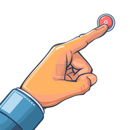 Male hand pressing red button, close up detailed vector illustration. Human finger pushing circular switch, concept starting mechanism isolated white background. Cartoon style digit interaction