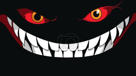 Cheshire Cat grin Alice Wonderland, digital art smiling cat. Fierce cartoon cat smile, red eyes, sharp teeth, vector illustration black. Sinister wide smile, fantasy creature feline face, Cheshire