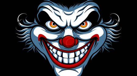 Illustration for Creepy clown face sinister scary horror themed graphic. Evil jester head comic art style black background. Malevolent circus performer menacing grin exaggerated facial features vibrant colors - Royalty Free Image
